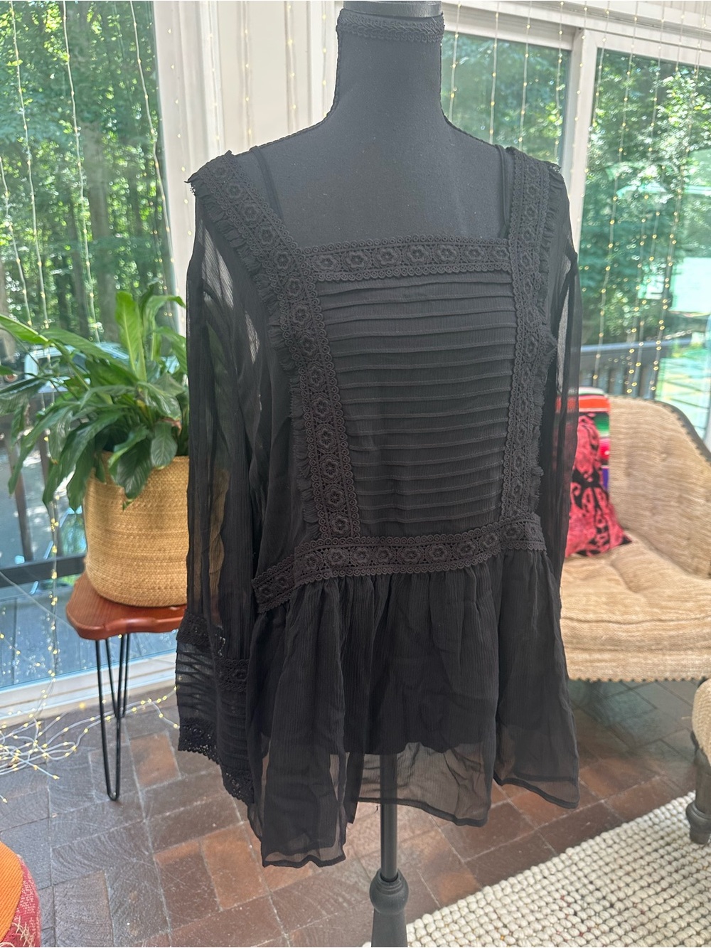 Sundance Sheer Black Lace-Trim Peasant Blouse